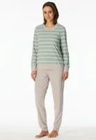 Dames pyjama badstof - Streep - Warme winter pyjama lange mouwen - Ronde hals - Met boordjes