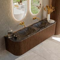 Badmeubel Mondiaz Kurve-Dlux | 170 cm | Meubelkleur Walnut | Wastafelkleur Lava | Solid surface | Dubbele spoelbak | Zonder kraangat(en)