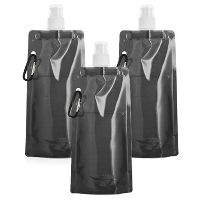 Opvouwbare Waterfles - 3x - zwart - kunststof - 460 ml - schroefdop - karabijnhaak - waterzak Opvouwbare Waterfles - 3x - zwart - kunststof - 460 ml - schroefdop - karabijnhaak - waterzak