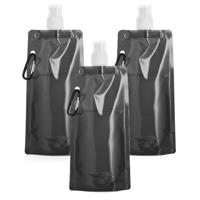 Opvouwbare Waterfles - 3x - zwart - kunststof - 460 ml - schroefdop - karabijnhaak - waterzak