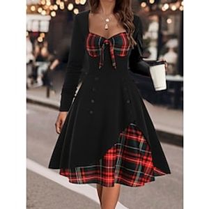 Dames Vintage Jurk Cocktail jurk Bruiloft gast jurk Halflange jurk Zwart Blozend Roze Wijn Lange mouw Ruitjes Afdrukken Zomer Lente Herfst Vierkante hals Vintage Bruiloft gast Verjaardag Vakantie S M Lightinthebox