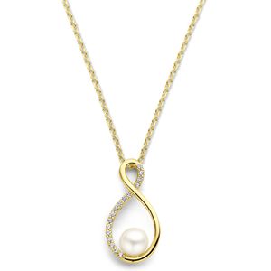 Ketting geelgoud-zirconia-zoetwaterparel wit 12 x 23,5 mm 43-45 cm