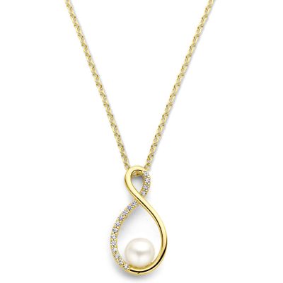 Ketting geelgoud-zirconia-zoetwaterparel wit 12 x 23,5 mm 43-45 cm