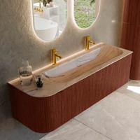Badmeubel Mondiaz Kurve-Dlux | 145 cm | Meubelkleur Ruby | Wastafelkleur Arena | Solid surface | Wasbak rechter zijde spoelbak | 2 kraangaten