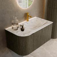 Badmeubel Mondiaz Kurve-Dlux | 85 cm cm | Meubelkleur Shadow | Wastafelkleur Glace | Solid surface | Wasbak rechter zijde spoelbak | 1 kraangat
