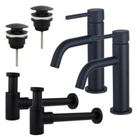 Fortifura Calvi Slim Wastafelkraanset - voor dubbele wastafel - lage wastafelkraan - klikwaste plug - verlaagde design sifon - Mat zwart 2x SW377835/2x SW696199/2x SW696215