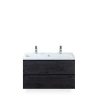 Vogue Badmeubelset 100 cm - Greeplijst in kleur - Black Oak - Keramische Wastafel Wit 2 kraangaten