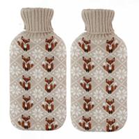 Warmwaterkruik - 2x - 2L - beige - met hoes - kruik - winter print - vos