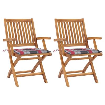 Tuinstoelen 2 st met rood geruite kussens massief teakhout