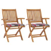 Tuinstoelen 2 st met rood geruite kussens massief teakhout