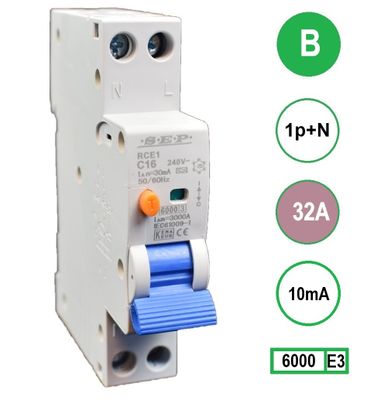 Aardlekautomaat 32A B Kar 10mA 2 polig 18mm breed Kema Keur 230V automaat en aardlek in een module