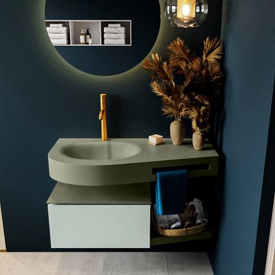 MONDIAZ RIVA 100cm badmeubel onderkast / planchet kleur Greey met 1 lade. Wastafel DULCET links 1 kraangat kleur Army.