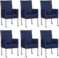 Set van 6 Blauwe leren moderne eetkamerstoelen Spark - poot rond rvs met wiel - Toledo Leer Kobalt (blauw leer)