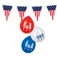 Amerika/USA thema versiering set - 2x vlaggetjes en 12x thema ballonnen - feestartikelen Amerika/USA thema versiering set - 2x vlaggetjes en 12x thema ballonnen - feestartikelen