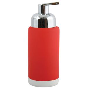 Zeeppompje/zeepdispenser Enzo - keramiek - rood/zilver - 6.5 x 18 cm - 275 ml