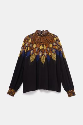 Blouse met hoge rimpelkraag - BLACK - XL