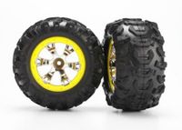 Tires and wheels, assembled, glued (geode chrome, yellow beadlock style wheels, canyon at tires, foam inserts)(1 left, 1 right) - thumbnail