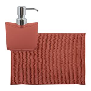 MSV badkamer droogloop mat/tapijtje - 40 x 60 cm - en zelfde kleur zeeppompje 260 ml - terracotta