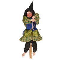 Halloween decoratie heksen pop op bezem - 44 cm - groen   - - thumbnail