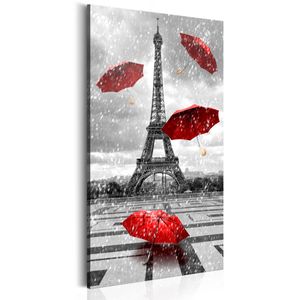 Schilderij - Rode Paraplu's in Parijs , Eiffeltoren