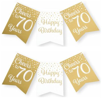 Verjaardag vlaggenlijn 70 jaar - 2x - binnen - karton - wit/goud - 600 cm Verjaardag vlaggenlijn 70 jaar - 2x - binnen - karton - wit/goud - 600 cm