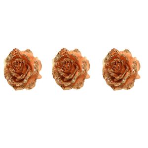 3x stuks decoratie bloemen roos terra bruin glitter op clip 14 cm