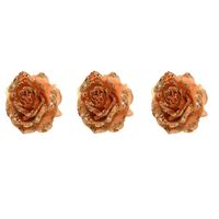 3x stuks decoratie bloemen roos terra bruin glitter op clip 14 cm - thumbnail