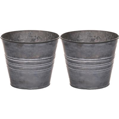 Zinken emmertje/bloempotje - 2x - antraciet grijs - D16 x H13 cm - plantenpotten