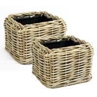 Planten/bloemen mand - 2x - vierkant - rotan - gevlochten riet - 25 x 25 x 18 cm - drypot Planten/bloemen mand - 2x - vierkant - rotan - gevlochten riet - 25 x 25 x 18 cm - drypot