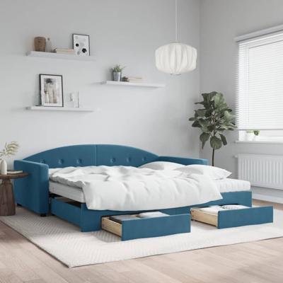 Slaapbank met onderschuifbed en lades 100x200 cm fluweel blauw