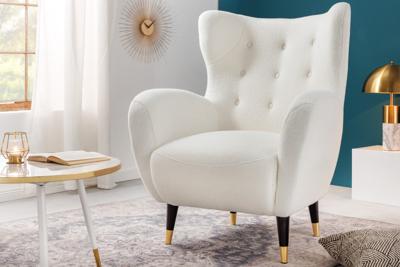 Retro Design Fauteuil DON Wit Bouclé Innerspring Gouden Neus - 45970
