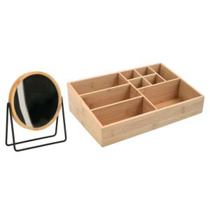 Make-up organizer 9 vaks en spiegel set - 33 x 21 cm - bamboe/metaal - zwart/bruin - 3x zoom