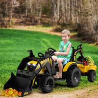 12 V Elektrische Tractor voor Kinderen Graaflaadmachine voor Kinderen Elektrische Tractor Speelgoed met Afstandsbediening Geel - thumbnail