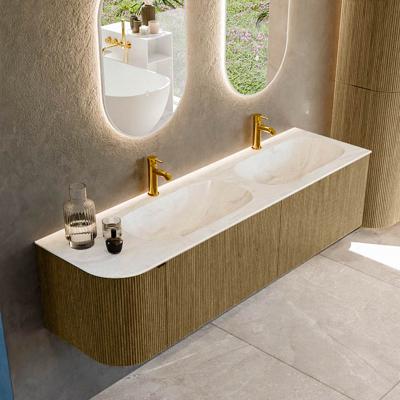 Badmeubel Mondiaz Kurve-Dlux | 165 cm cm | Meubelkleur Dusk | Wastafelkleur Ostra | Solid surface | Dubbel / Rechts spoelbak | 2 kraangaten