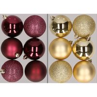 12x stuks kunststof kerstballen mix van aubergine en goud 8 cm   -