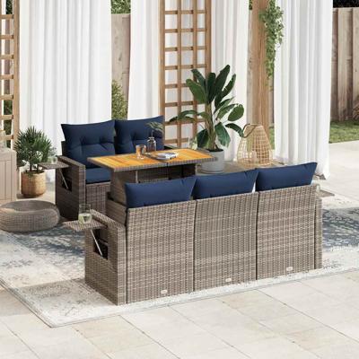 6-delige Loungeset met kussens poly rattan grijs