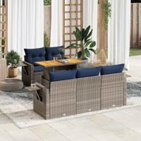 6-delige Loungeset met kussens poly rattan grijs