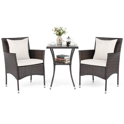 3-delige Balkonmeubelset Bestaande uit 2 Rieten Fauteuils en 1 Tafel met Dubbel Gelaagd Gehard Glas-Beige