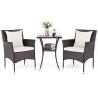 3-delige Balkonmeubelset Bestaande uit 2 Rieten Fauteuils en 1 Tafel met Dubbel Gelaagd Gehard Glas-Beige