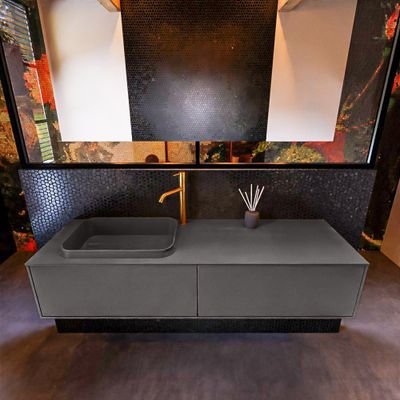Badkamermeubelset Mondiaz Erin 150 cm met 2 Lades met RIDGE Wastafel Links Dark grey met 1 kraangat Greeploos Mat Dark Grey