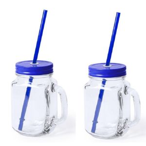 2x stuks glazen Mason Jar drinkbekers blauwe dop/rietje 500 ml