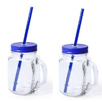 2x stuks glazen Mason Jar drinkbekers blauwe dop/rietje 500 ml