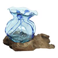 Bruine Sarana Drijfhout Decoratie met Blauw Glas Lijnenontwerp M - thumbnail