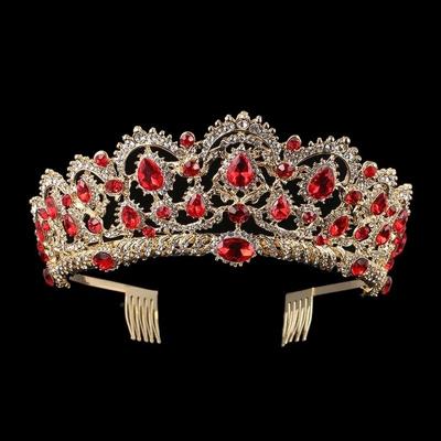 Crystal Tiaras Vintage Gold Rhinestone Pageant kroont met kam barokke bruiloft haaraccessoires (Gold Red)