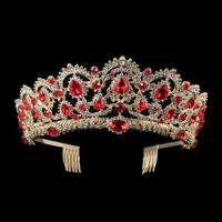 Crystal Tiaras Vintage Gold Rhinestone Pageant kroont met kam barokke bruiloft haaraccessoires (Gold Red)