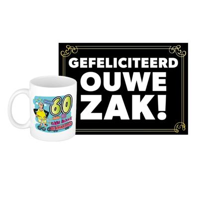 Verjaardag cadeau koffiemok 60 jaar - man - rollator- met gefeliciteerd ouwe zak wenskaart