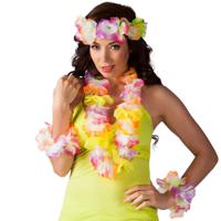 Hawaii krans/slinger set - Tropische/zomerse kleuren mix geel - Hoofd en hals slingers