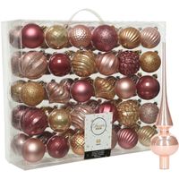 Kunststof kerstballen 60x stuks 6-7 cm met glazen glans piek roze en bruin