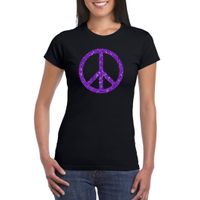 Zwart Flower Power t-shirt paarse glitter peace teken dames - thumbnail