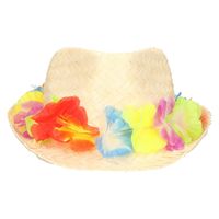 Stro verkleed hoedje met Hawaii party krans   -